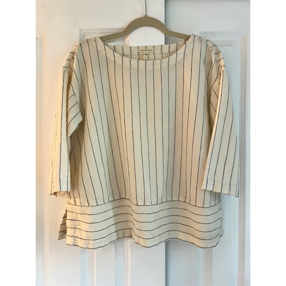 Eileen Fisher Cream Striped Organic Cotton Tencel Boat Neck Top‎ Size S/P